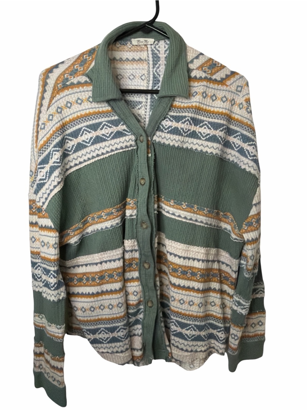 Miss Me Green Patterned Button Cardigan with Cream & Blue Accents